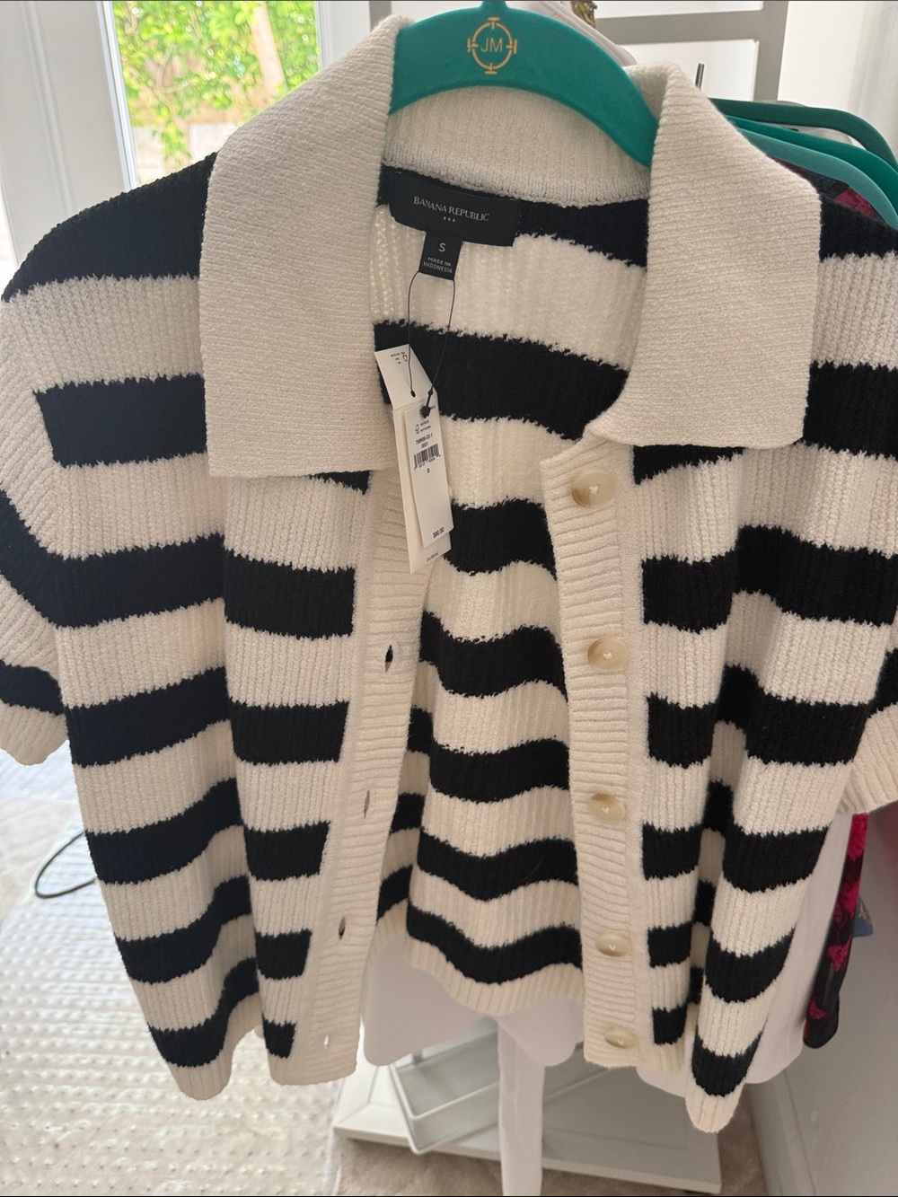 Banana Republic Black and White Striped Polo Cardigan
